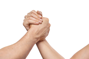 Handshake arm wrestling style by a woman and a man. Friendly, sport handshake gesture concept isolated on free PNG background. Equal rights, Kindness Concept