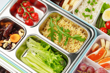 Many containers with delicious healthy food for background