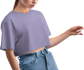 Mockup of a violet crop top on a girl's body, png, canvas bella, front