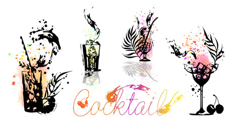 Set of cocktail glasses - Cocktail bar menu. Vector elements for restaurant and cafe. Design template with different colorful cocktails.  Art for menu, shop, market or sale.