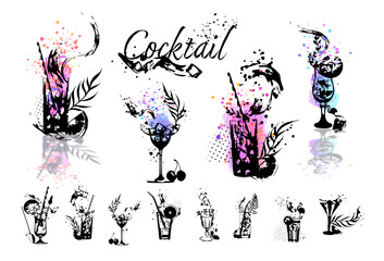 Set of cocktail glasses - Cocktail bar menu. Vector elements for restaurant and cafe. Design template with different colorful cocktails.  Art for menu, shop, market or sale.