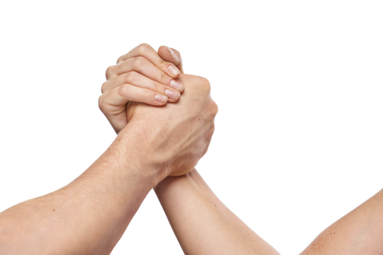 Handshake arm wrestling style by a woman and a man. Friendly, sport handshake gesture concept isolated on free PNG background. Equal rights, Kindness Concept