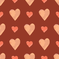 Seamless pattern with watercolor hearts on a red background.