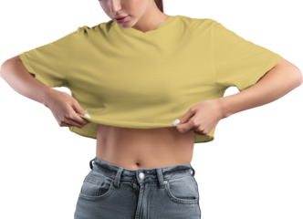 Mockup of a yellow crop top on a girl's body, png, canvas bella, front