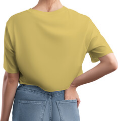 Mockup of a yellow crop top on a girl's body, png, canvas bella, back