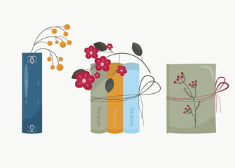 set of books with flowers. vector illustration. flat style.