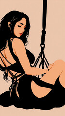 Drawing of a woman tied up in bondage. Woman bound with ropes in shibari. A girl who loves bdsm. Submissive girl in erotic position. Generative AI - obrazy, fototapety, plakaty
