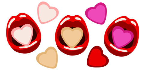 A set of sexy red lips with a heart-shaped candy. Candy in your mouth. Illustration for printing on banners. Vector illustration of sexy female lips. A kiss. Isolated on a white background.