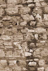 Old Grungy Brick Wall Damaged Plaster Texture Close Up Copy Space Web Banner Sepia