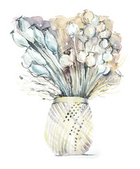 Bouquet of dry poppy boxes. Watercolor hand drawn illustration - 563846304