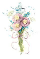 Obraz na płótnie Canvas Small white bird on a bouquet pink flowers. Pattern with bird. Watercolor hand drawn illustration