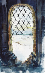 Suzdal. Destroyed ancient cathedral, openwork lattice. Gold ring of Russia. Watercolor sketch - 563846317
