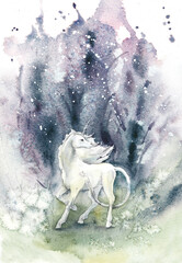 White unicorn in the night fairy forest. Watercolor hand drawn illustration - 563846319