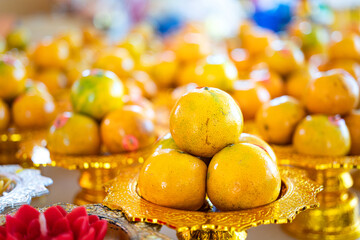 Set of oranges which is prepared for pay to Goddess of mercy at Chinese shrine during Chinese new...
