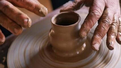 The potter's male hands, soiled in clay, make a jug or a vase on a rotating potter's wheel, touching the guinea vessel with their fingers and making a shape. Mastery of the Ancient Craft