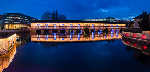 Medieval dam designed by Vauban at dusk, Strasbourg, Alsace, Bas-Rhin department, France