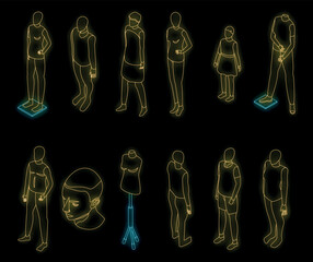 Mannequin icons set. Isometric set of mannequin vector icons neon color on black