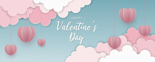 Valentines day background with paper cut clouds and hearts. Vector illustration.