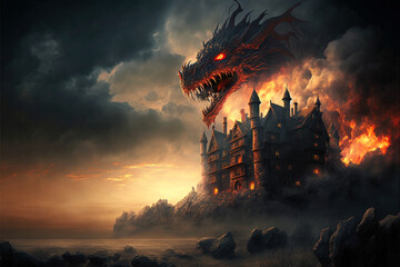old castle on the mountain with a dragon, generative ai