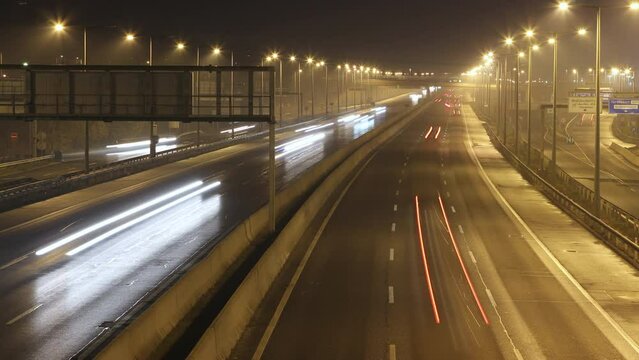 highway, car, cars, auto, automobile, night, evening, city, light, lights, time lapse, horizont, road, urban, red, white, yellow, move, moves, fast, blur, bokeh, travel, traffic, speed, cityscape, dri