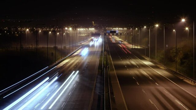 highway, car, cars, auto, automobile, night, evening, city, light, lights, time lapse, horizont, road, urban, red, white, yellow, move, moves, fast, blur, bokeh, travel, traffic, speed, cityscape, dri