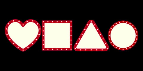 Vector empty retro circus billboard frame with electric bright glowing lamps. Light bulbs triangle heart cube and circle shapes figure.