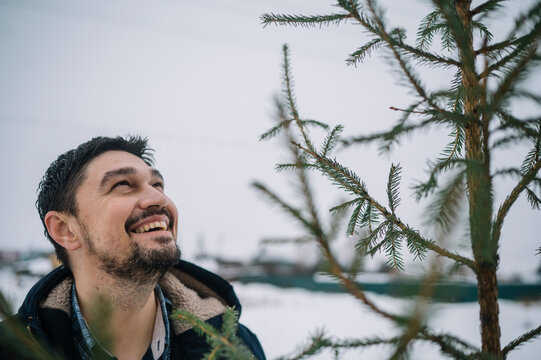 Happy man looking at fir tree in snow