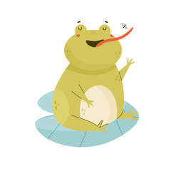 Cute happy frog sitting on a water leaf and catching dragonfly
