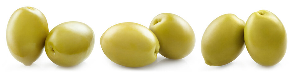 Set of delicious green olives, isolated on white background
