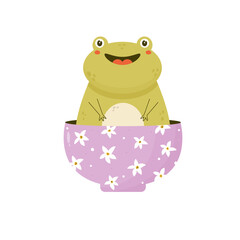 Cute happy frog sitting inside a bowl. Funny toad character