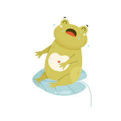 Sad crying frog sitting on a water leaf