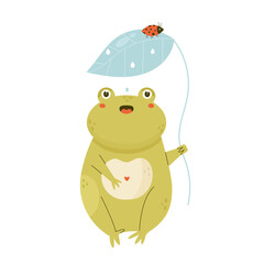 Cute happy frog sitting with a leaf umbrella