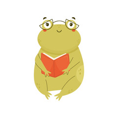 Vector illustration of a cute smart frog in glasses reading a book