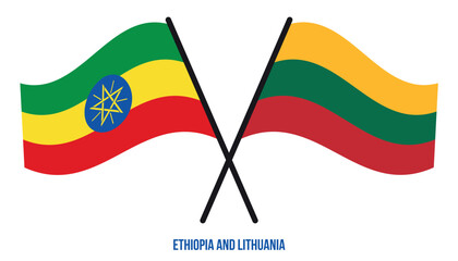 Ethiopia and Lithuania Flags Crossed And Waving Flat Style. Official Proportion. Correct Colors.