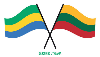 Gabon and Lithuania Flags Crossed And Waving Flat Style. Official Proportion. Correct Colors.