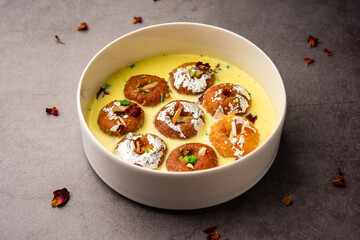 Rasbali is a traditional Indian sweet made from chhena or cottage cheese and dipped in sugar syrup