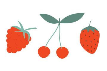 Vector image of strawberries, raspberries and cherries or sweet cherries on white. Ripe and tasty berries.