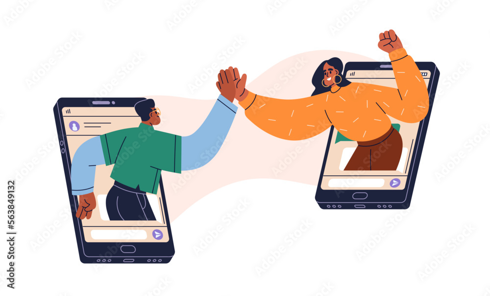 Poster High-five greeting in internet. Online communication concept. Characters gesturing hi during video call by mobile phone. Virtual conversation. Flat vector illustration isolated on white background