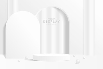 Realistic 3D white cylinder podium pedestal with arch gate background, vertical shape and sphere balls. Minimal scene for mockup product display. Vector geometric forms. Stage for showcase.