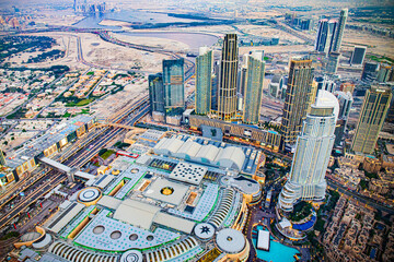 dubai mall and night towers from khalifa tower burj in emirates