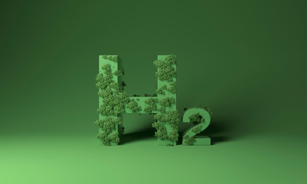 H2 formula covered by plants over green background