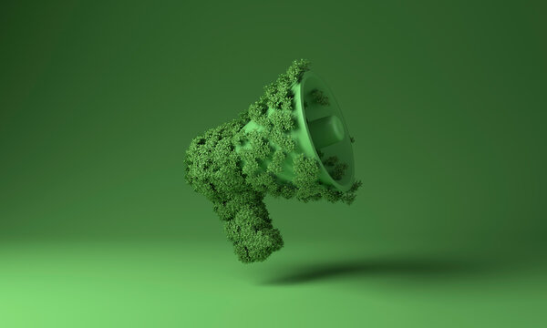 3D illustration of megaphone covered with plants against green background