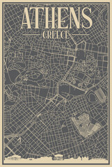 Grey hand-drawn framed poster of the downtown ATHENS, GREECE with highlighted vintage city skyline and lettering