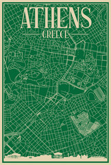 Green hand-drawn framed poster of the downtown ATHENS, GREECE with highlighted vintage city skyline and lettering