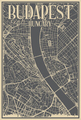 Grey hand-drawn framed poster of the downtown BUDAPEST, HUNGARY with highlighted vintage city skyline and lettering