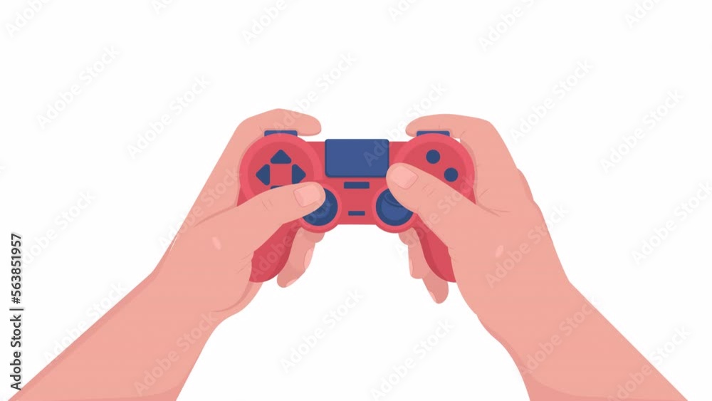 Poster animated playing with controller. wireless video game console. using gamepad. joystick control. flat