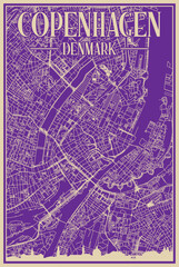 Purple hand-drawn framed poster of the downtown COPENHAGEN, DENMARK with highlighted vintage city skyline and lettering