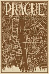 Brown hand-drawn framed poster of the downtown PRAGUE, CZECH REPUBLIC with highlighted vintage city skyline and lettering