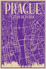 Purple hand-drawn framed poster of the downtown PRAGUE, CZECH REPUBLIC with highlighted vintage city skyline and lettering
