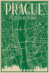 Green hand-drawn framed poster of the downtown PRAGUE, CZECH REPUBLIC with highlighted vintage city skyline and lettering